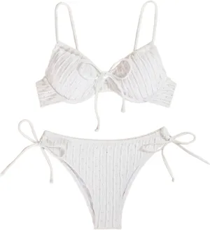 GORGLITTER Women's Eyelet Bow Bikini Set Tie Side String Coquette Swimsuit Cute Bathing Suits Beach Vacation