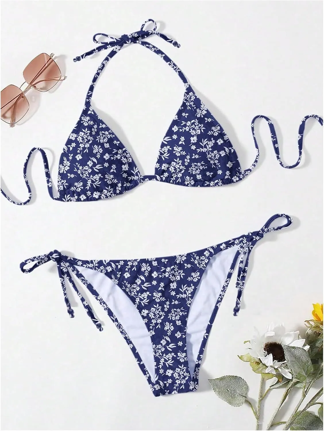 GORGLITTER Women's Floral Halter Bikini Sets High Cut Tie Side Thong Swimsuit Boho Bathing Suit