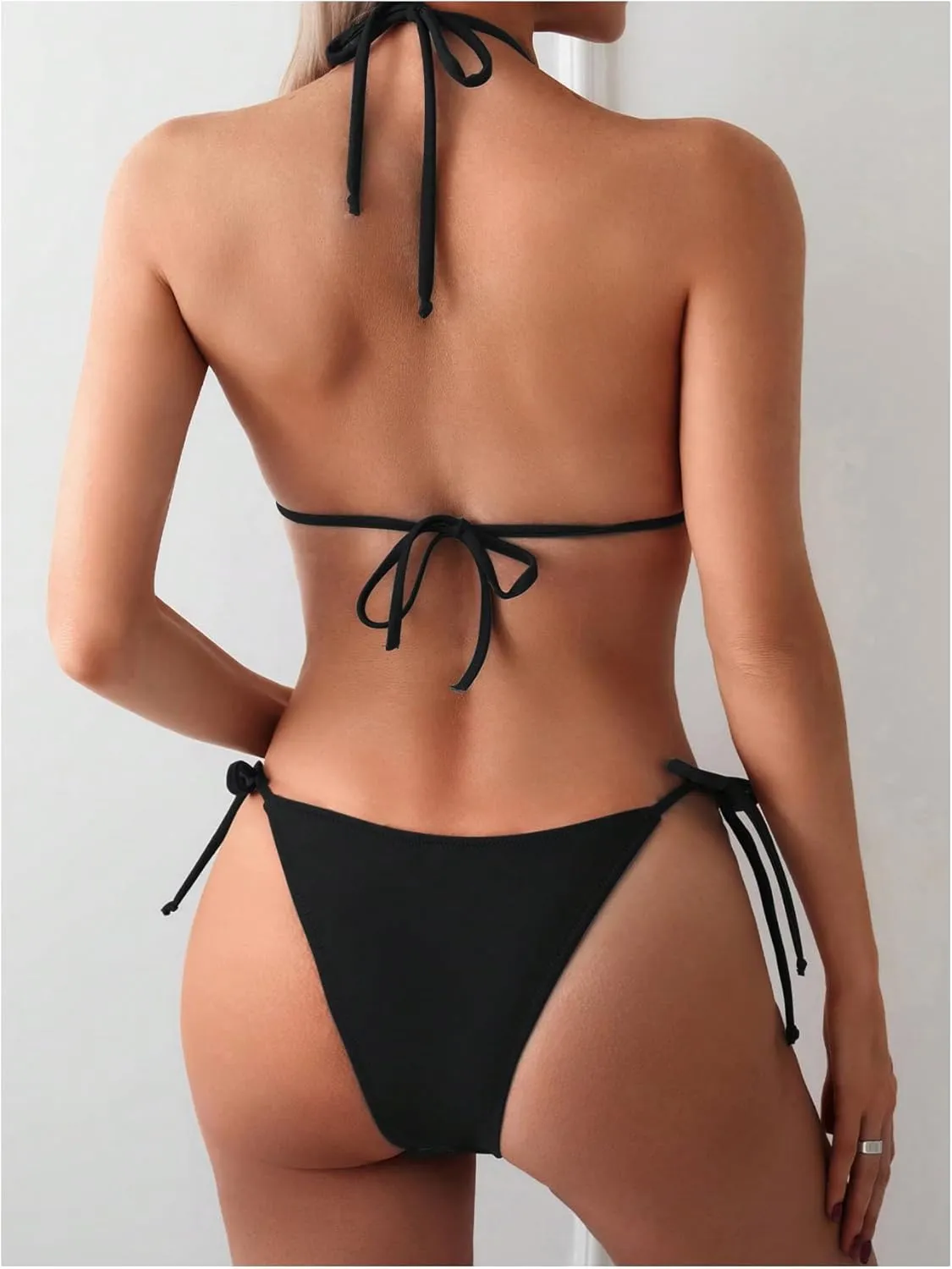 GORGLITTER Women's String Bikini Bead Triangle Swim Top and Tie Side Thong Cheeky Bathing Swimwear