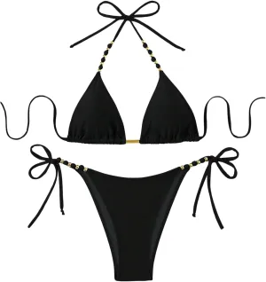 GORGLITTER Women's String Bikini Bead Triangle Swim Top and Tie Side Thong Cheeky Bathing Swimwear