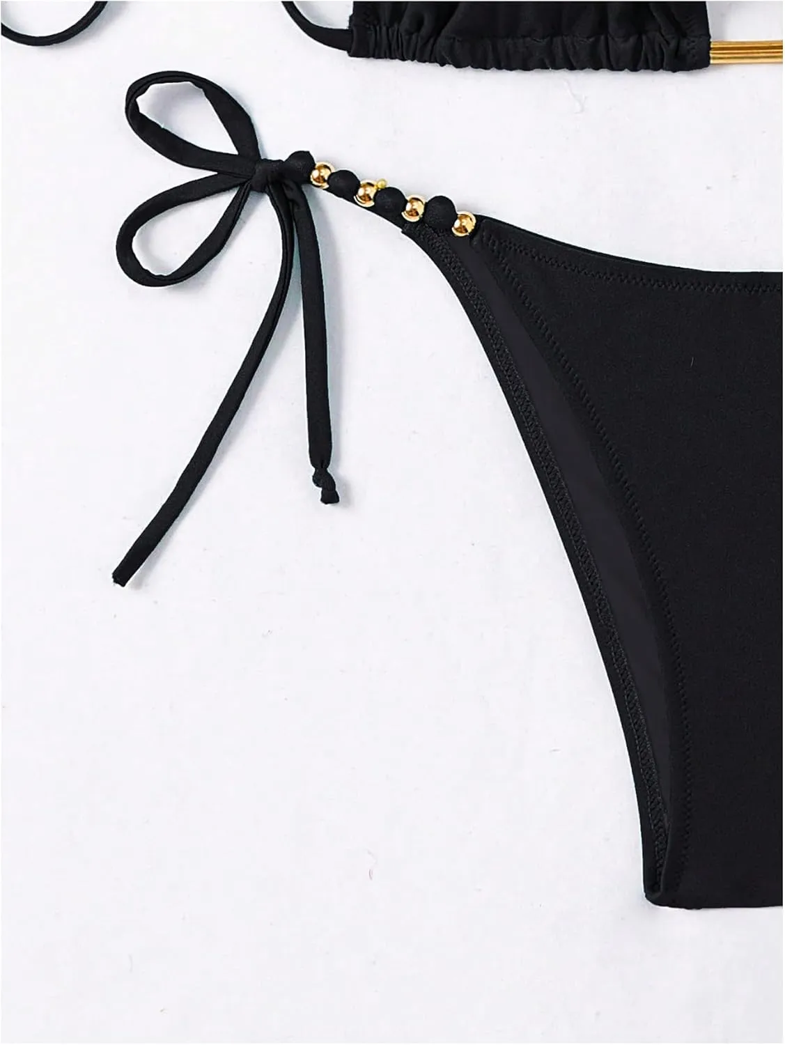 GORGLITTER Women's String Bikini Bead Triangle Swim Top and Tie Side Thong Cheeky Bathing Swimwear
