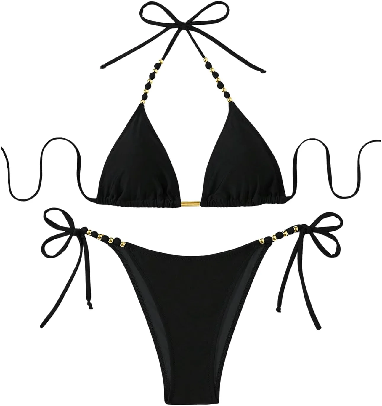 GORGLITTER Women's String Bikini Bead Triangle Swim Top and Tie Side Thong Cheeky Bathing Swimwear