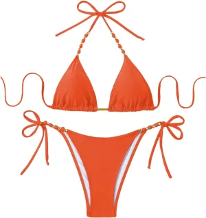GORGLITTER Women's String Bikini Bead Triangle Swim Top and Tie Side Thong Cheeky Bathing Swimwear