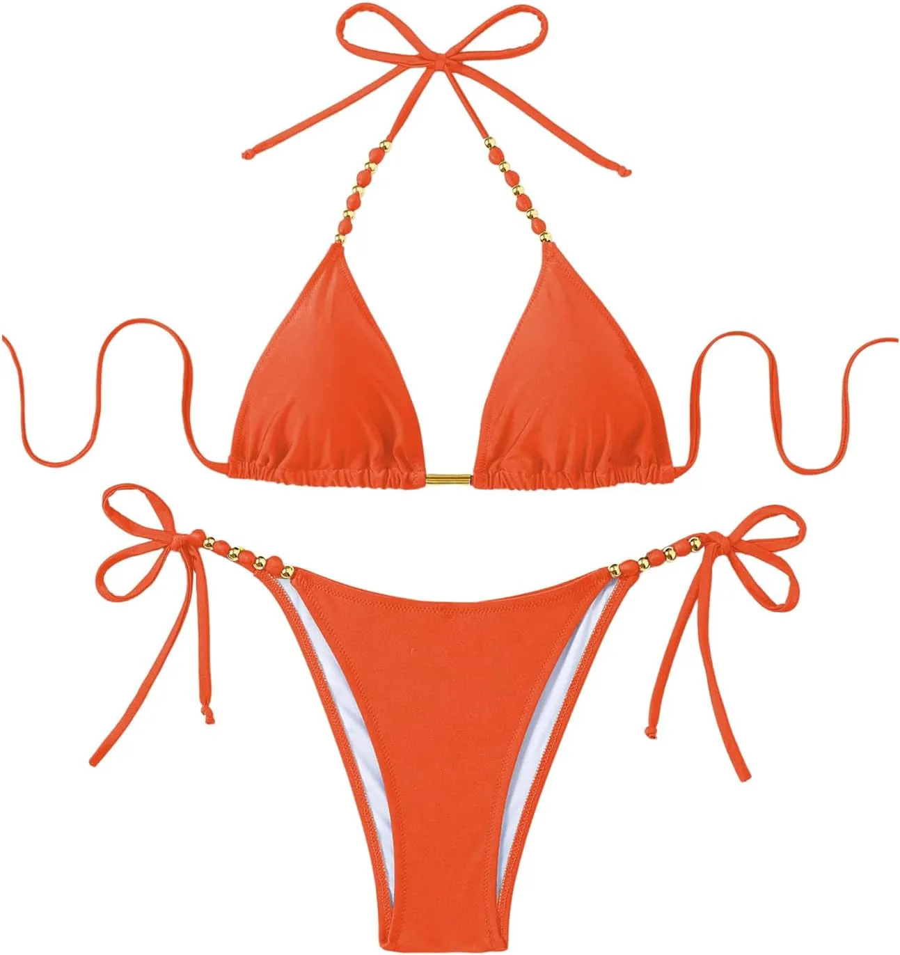 GORGLITTER Women's String Bikini Bead Triangle Swim Top and Tie Side Thong Cheeky Bathing Swimwear