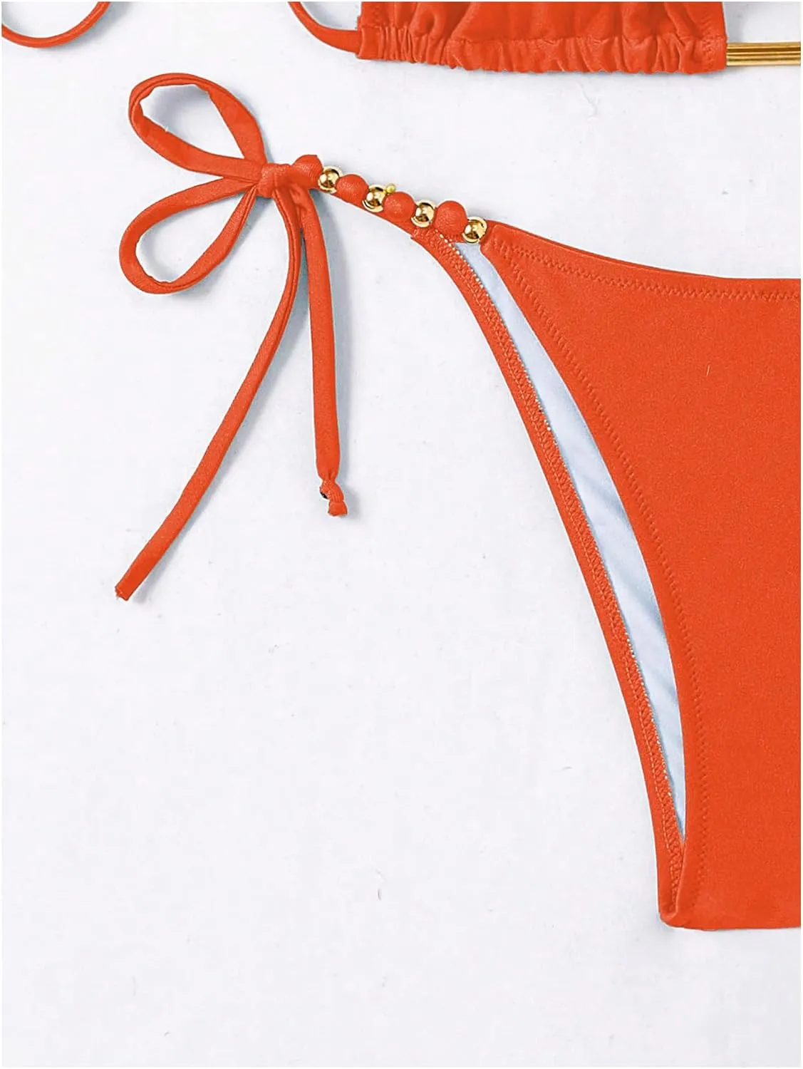 GORGLITTER Women's String Bikini Bead Triangle Swim Top and Tie Side Thong Cheeky Bathing Swimwear