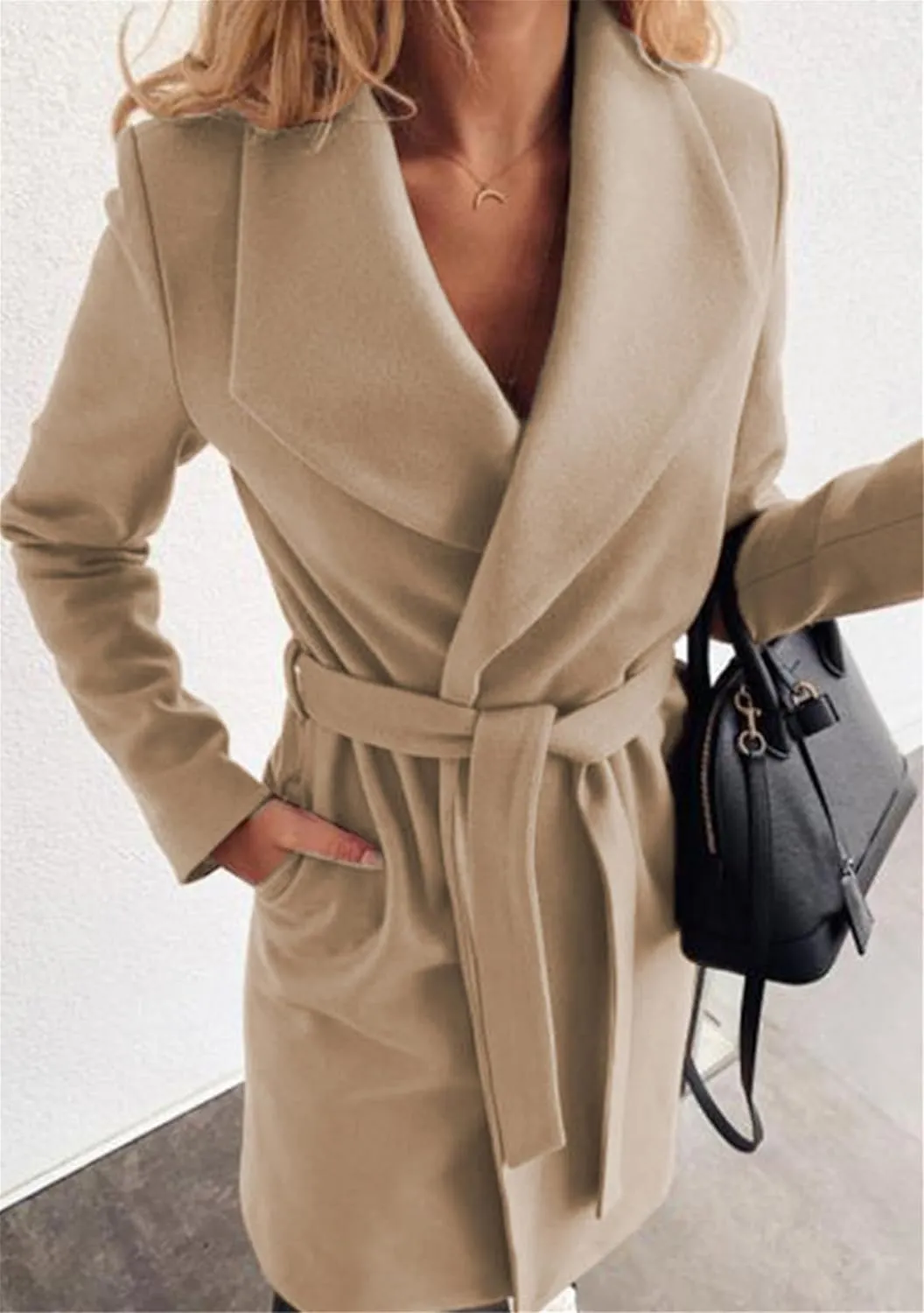 GORIFE Womens Lapel Collar Open Front Coat Belted Long Jacket Elegant Wool Blend Pea Coat