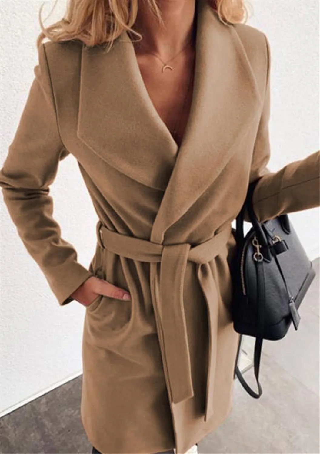 GORIFE Womens Lapel Collar Open Front Coat Belted Long Jacket Elegant Wool Blend Pea Coat