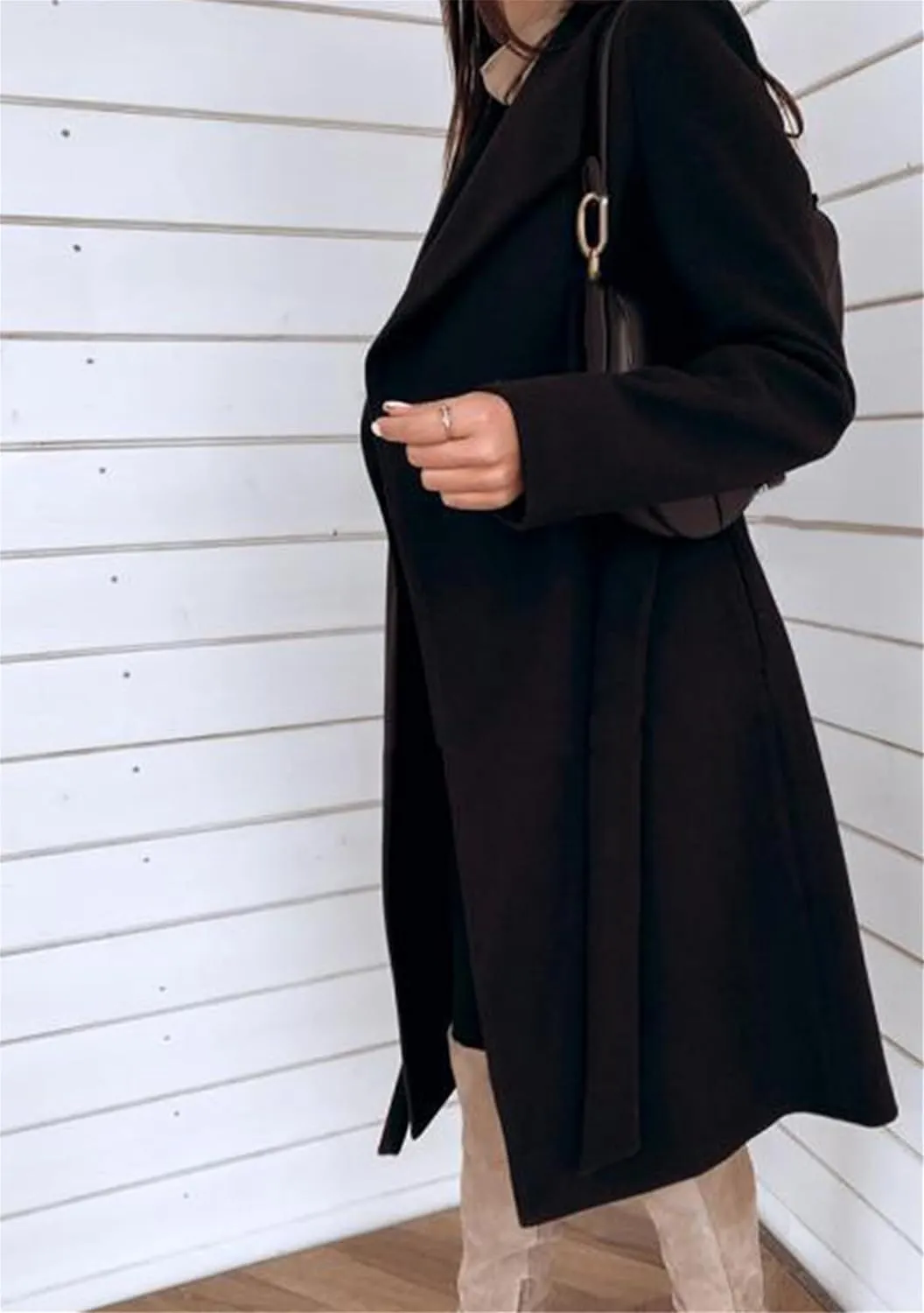 GORIFE Womens Lapel Collar Open Front Coat Belted Long Jacket Elegant Wool Blend Pea Coat