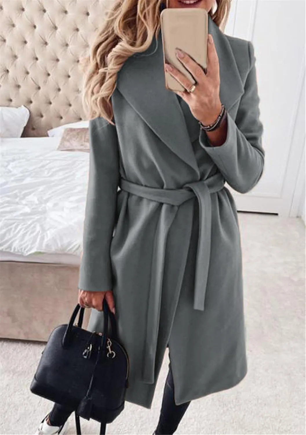 GORIFE Womens Lapel Collar Open Front Coat Belted Long Jacket Elegant Wool Blend Pea Coat