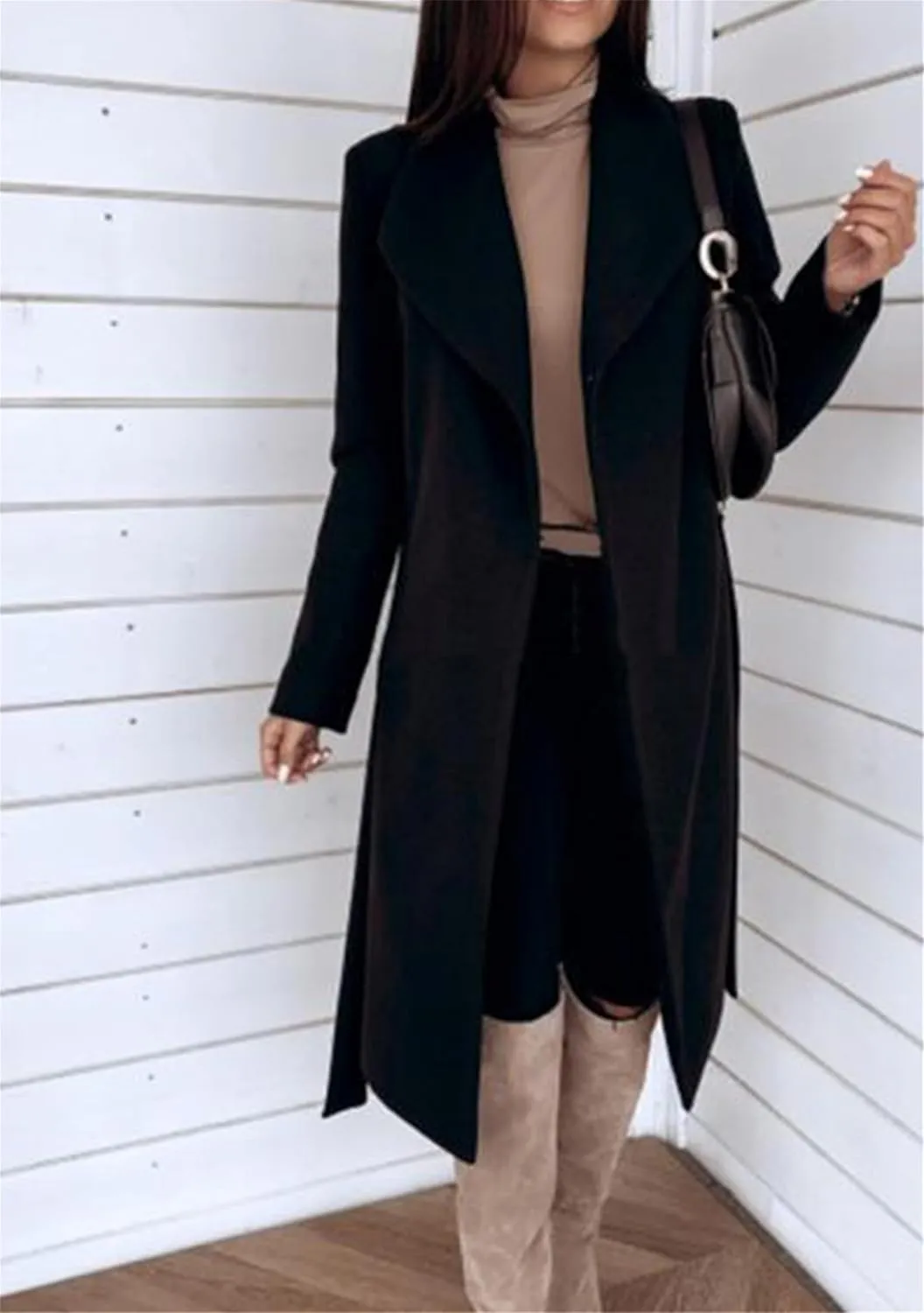 GORIFE Womens Lapel Collar Open Front Coat Belted Long Jacket Elegant Wool Blend Pea Coat