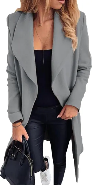 GORIFE Womens Lapel Collar Open Front Coat Belted Long Jacket Elegant Wool Blend Pea Coat