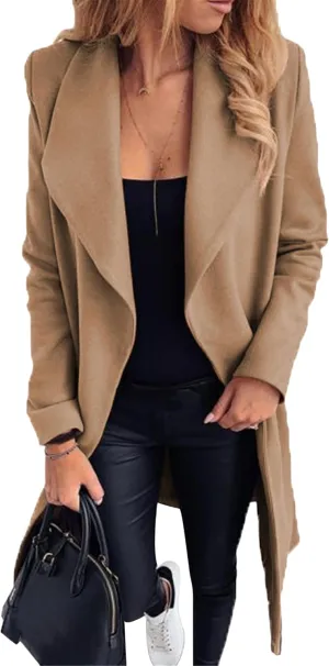 GORIFE Womens Lapel Collar Open Front Coat Belted Long Jacket Elegant Wool Blend Pea Coat