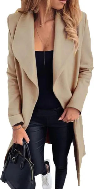 GORIFE Womens Lapel Collar Open Front Coat Belted Long Jacket Elegant Wool Blend Pea Coat