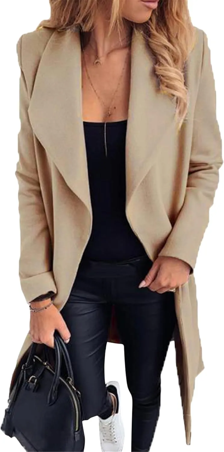 GORIFE Womens Lapel Collar Open Front Coat Belted Long Jacket Elegant Wool Blend Pea Coat