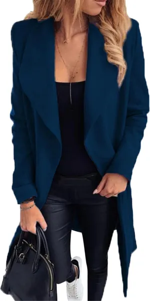 GORIFE Womens Lapel Collar Open Front Coat Belted Long Jacket Elegant Wool Blend Pea Coat