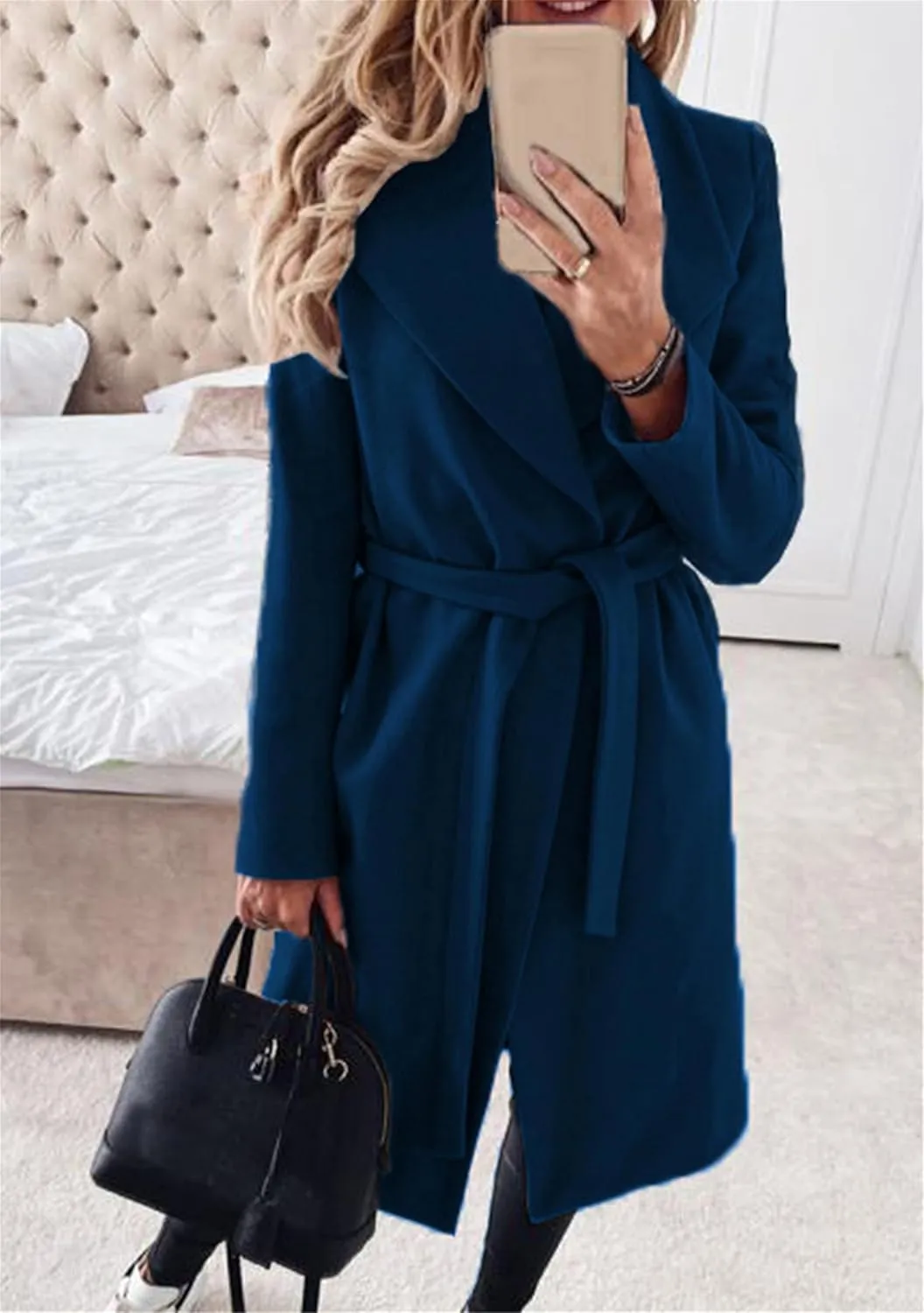 GORIFE Womens Lapel Collar Open Front Coat Belted Long Jacket Elegant Wool Blend Pea Coat