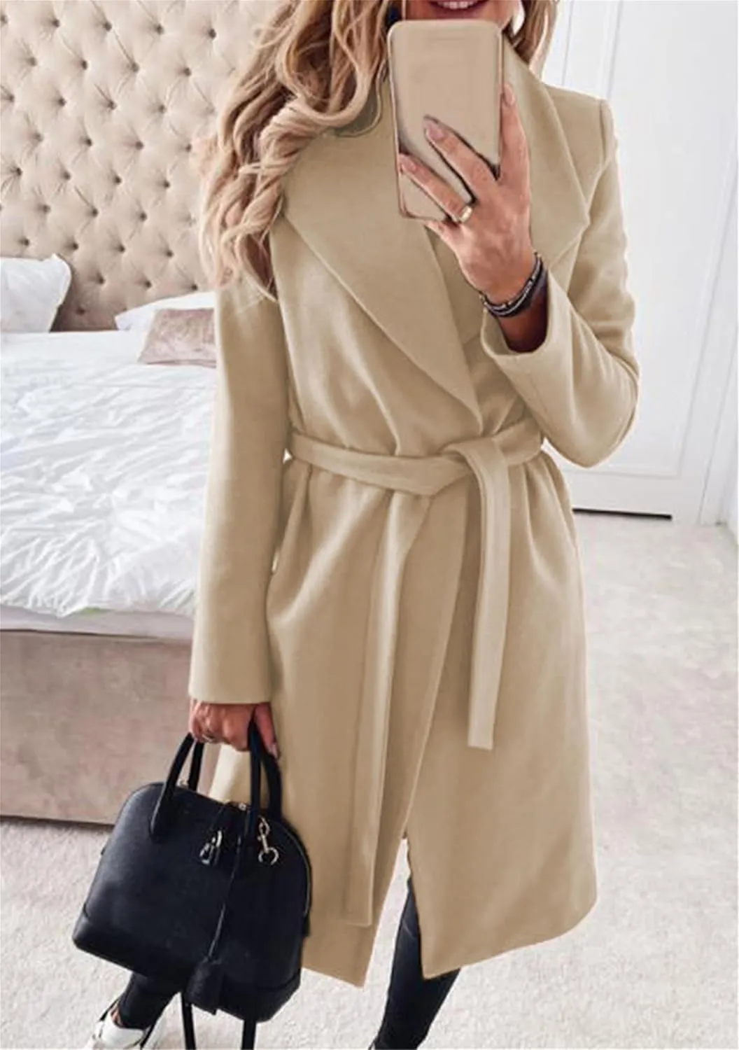 GORIFE Womens Lapel Collar Open Front Coat Belted Long Jacket Elegant Wool Blend Pea Coat