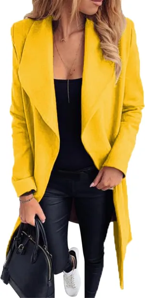 GORIFE Womens Lapel Collar Open Front Coat Belted Long Jacket Elegant Wool Blend Pea Coat