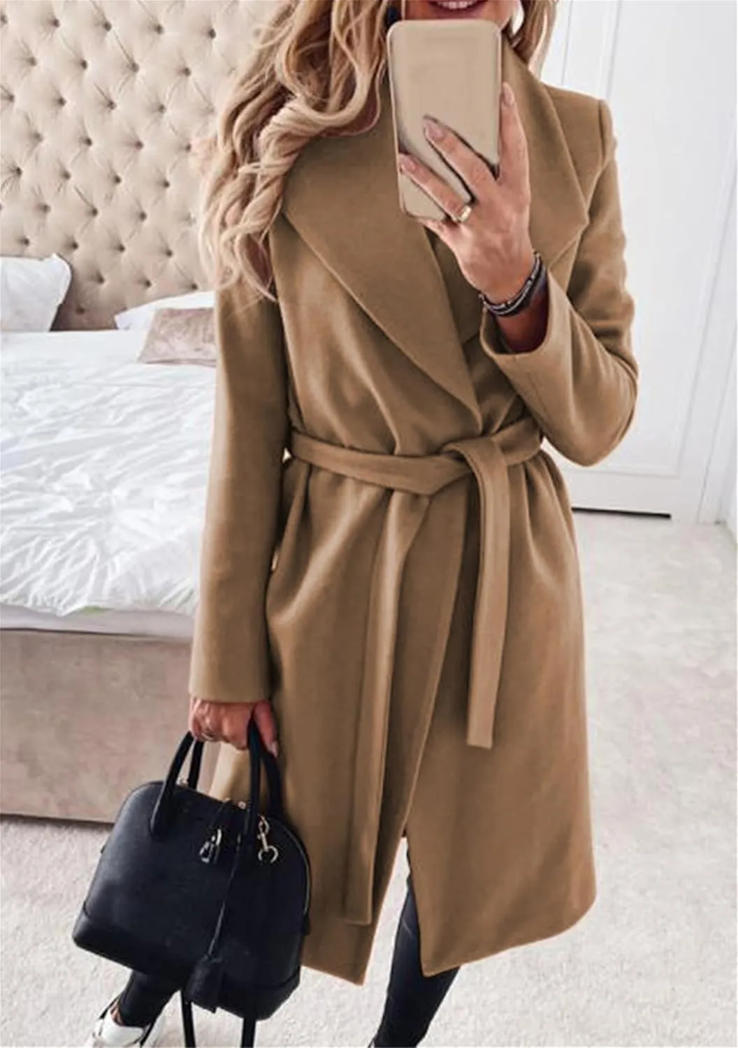 GORIFE Womens Lapel Collar Open Front Coat Belted Long Jacket Elegant Wool Blend Pea Coat