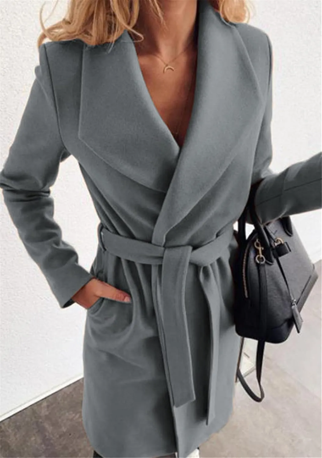 GORIFE Womens Lapel Collar Open Front Coat Belted Long Jacket Elegant Wool Blend Pea Coat