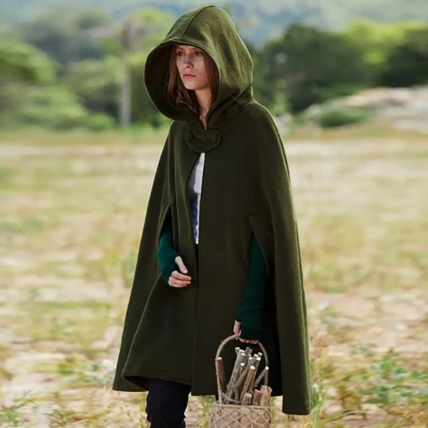 Gothic Hooded Cloak for Women Halloween Solid Open Front Pea Coat Cardigan Midi Batwing Poncho Cape Coat