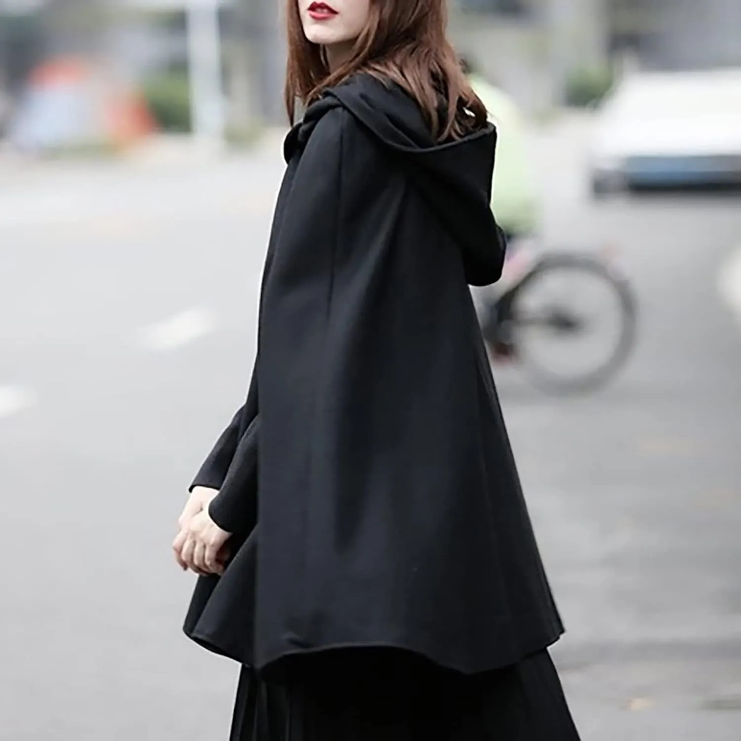 Gothic Hooded Cloak for Women Halloween Solid Open Front Pea Coat Cardigan Midi Batwing Poncho Cape Coat