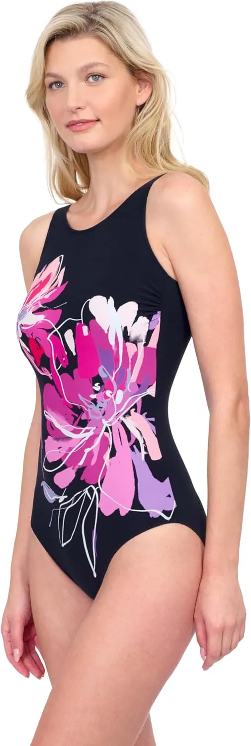 Gottex Water Lily Stylish Elegant Floral Print Womens High Neck Mastectomy One Piece Bathing Suit with Removable Soft Cups