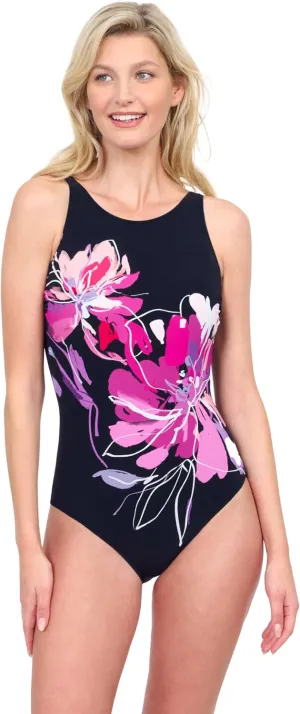 Gottex Water Lily Stylish Elegant Floral Print Womens High Neck Mastectomy One Piece Bathing Suit with Removable Soft Cups