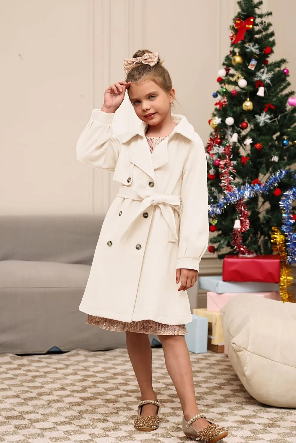 GRACE KARIN Girls Dress Coat Lapel Wool Blend Long Winter Jackets with Pockets Belt 6-14Y