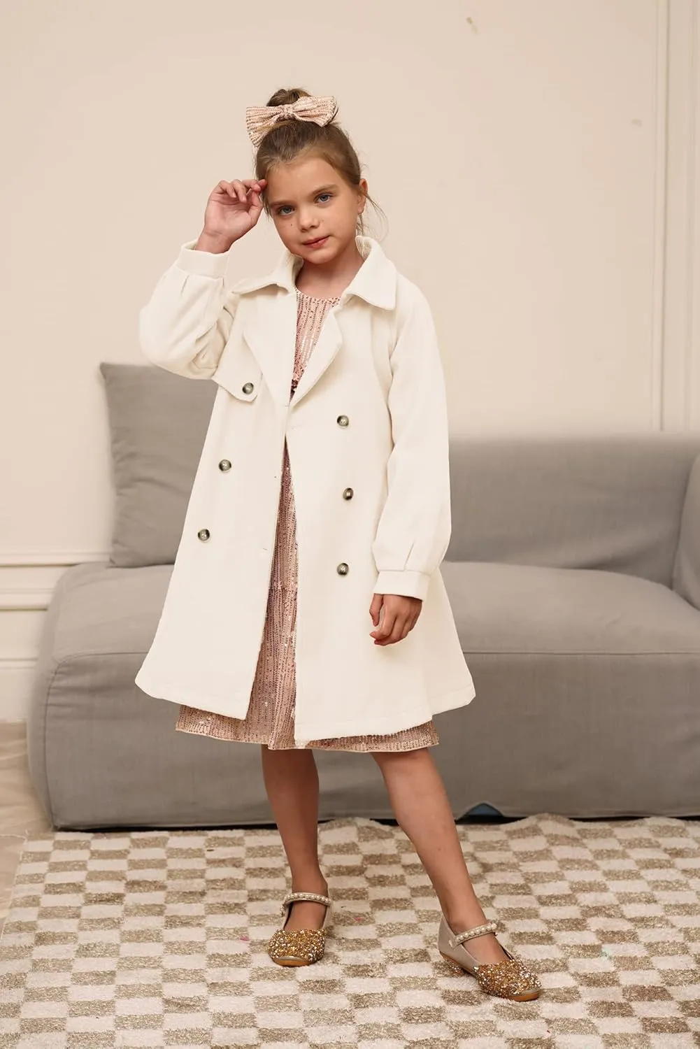 GRACE KARIN Girls Dress Coat Lapel Wool Blend Long Winter Jackets with Pockets Belt 6-14Y