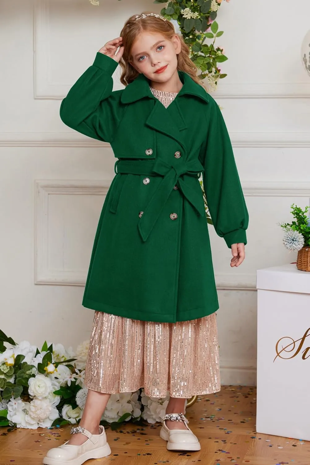 GRACE KARIN Girls Dress Coat Lapel Wool Blend Long Winter Jackets with Pockets Belt 6-14Y