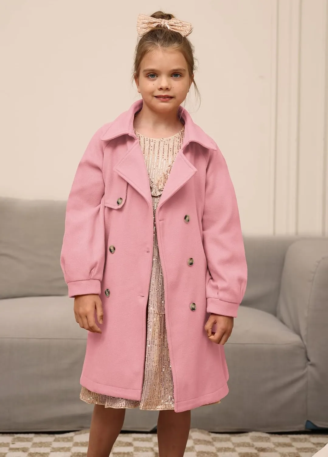 GRACE KARIN Girls Dress Coat Lapel Wool Blend Long Winter Jackets with Pockets Belt 6-14Y