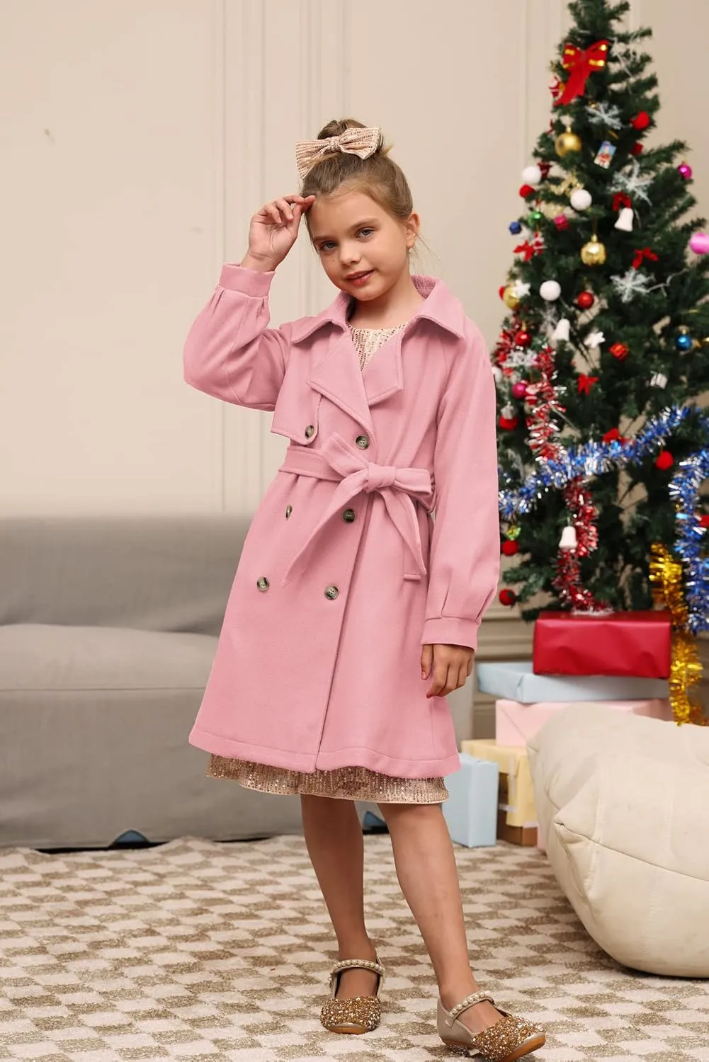 GRACE KARIN Girls Dress Coat Lapel Wool Blend Long Winter Jackets with Pockets Belt 6-14Y