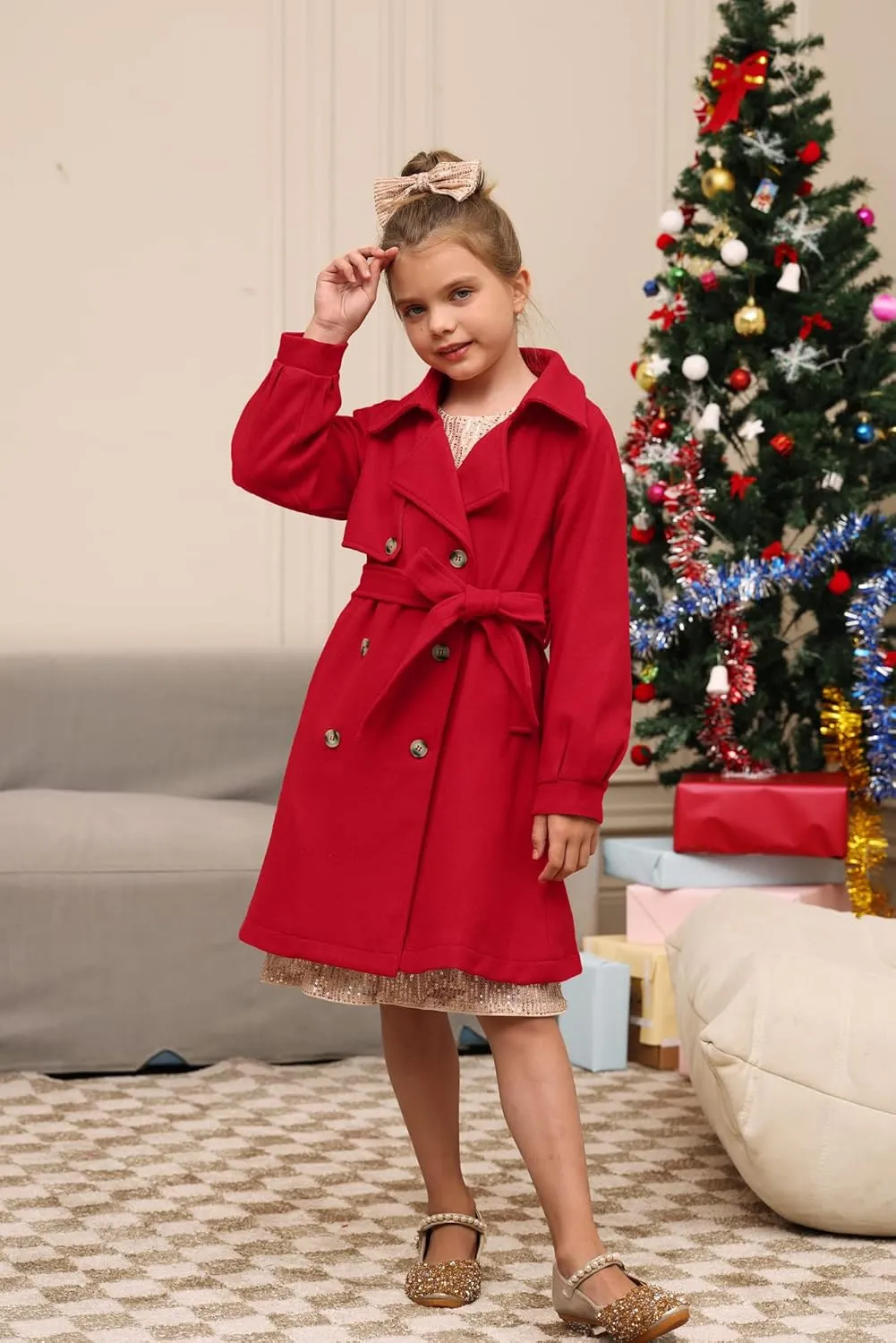 GRACE KARIN Girls Dress Coat Lapel Wool Blend Long Winter Jackets with Pockets Belt 6-14Y