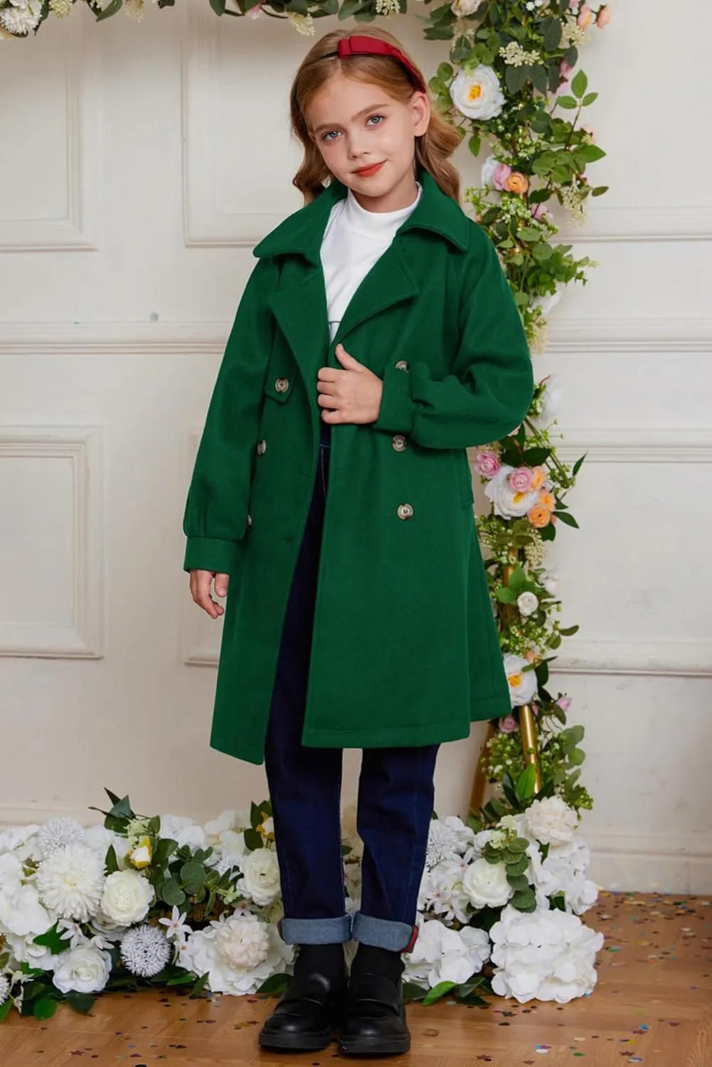GRACE KARIN Girls Dress Coat Lapel Wool Blend Long Winter Jackets with Pockets Belt 6-14Y