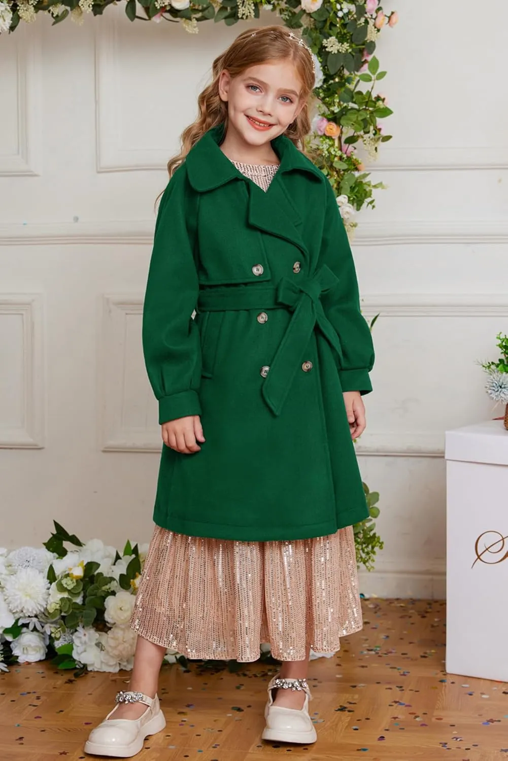GRACE KARIN Girls Dress Coat Lapel Wool Blend Long Winter Jackets with Pockets Belt 6-14Y