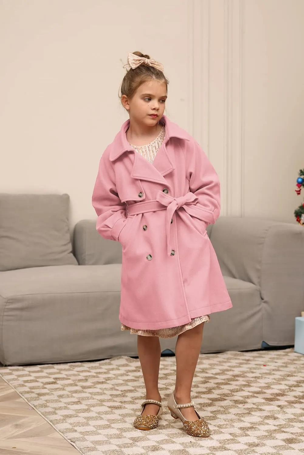 GRACE KARIN Girls Dress Coat Lapel Wool Blend Long Winter Jackets with Pockets Belt 6-14Y