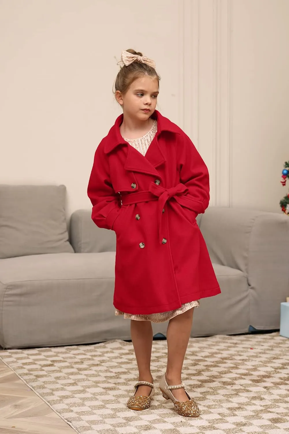 GRACE KARIN Girls Dress Coat Lapel Wool Blend Long Winter Jackets with Pockets Belt 6-14Y