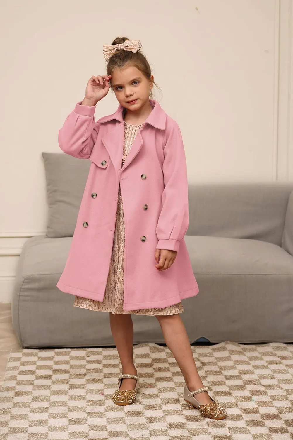 GRACE KARIN Girls Dress Coat Lapel Wool Blend Long Winter Jackets with Pockets Belt 6-14Y