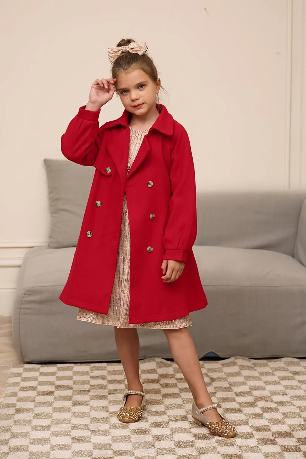 GRACE KARIN Girls Dress Coat Lapel Wool Blend Long Winter Jackets with Pockets Belt 6-14Y