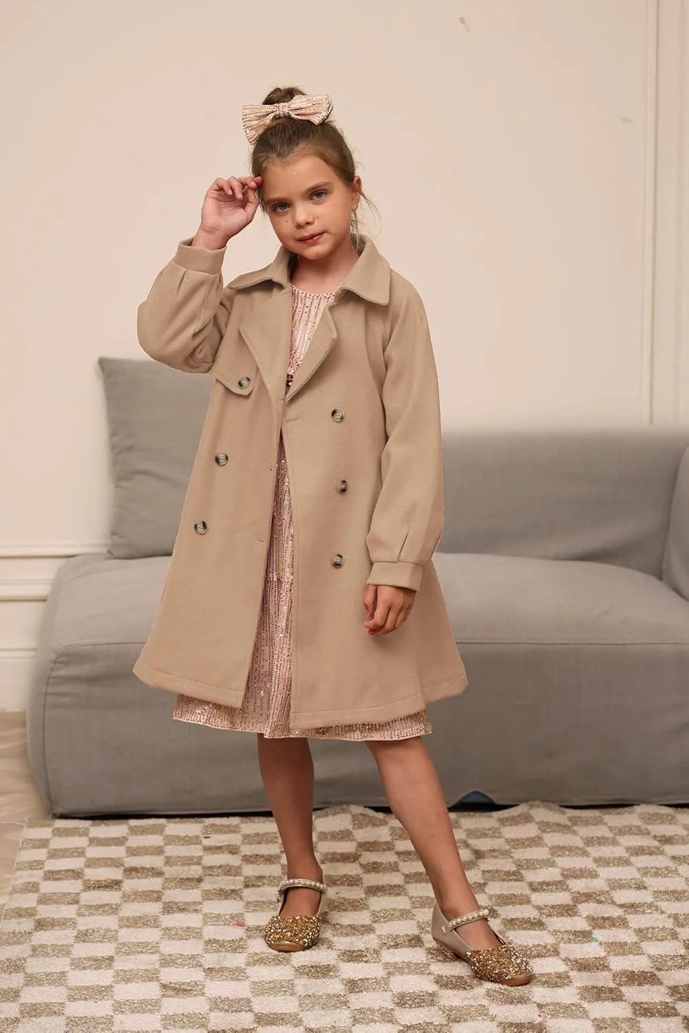 GRACE KARIN Girls Dress Coat Lapel Wool Blend Long Winter Jackets with Pockets Belt 6-14Y