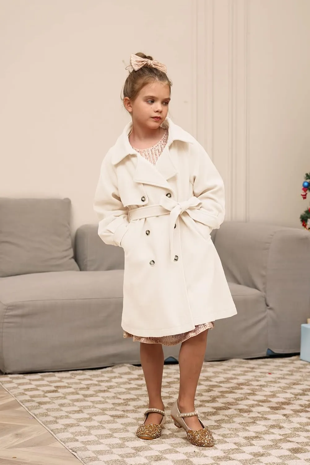 GRACE KARIN Girls Dress Coat Lapel Wool Blend Long Winter Jackets with Pockets Belt 6-14Y