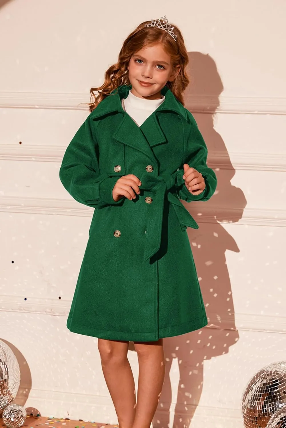 GRACE KARIN Girls Dress Coat Lapel Wool Blend Long Winter Jackets with Pockets Belt 6-14Y