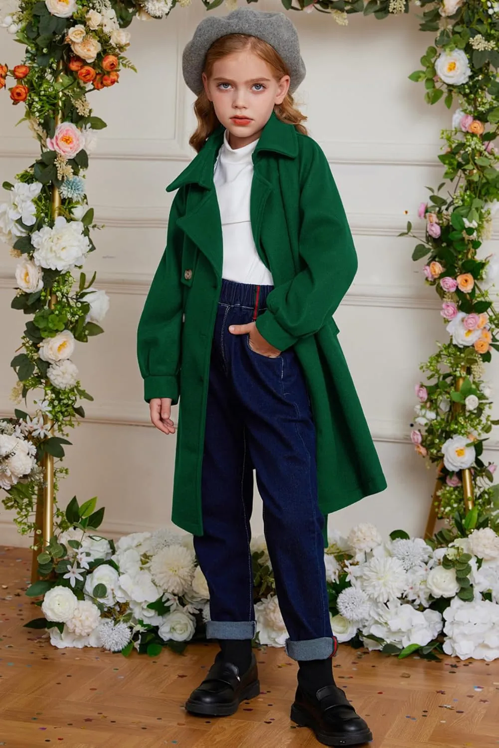GRACE KARIN Girls Dress Coat Lapel Wool Blend Long Winter Jackets with Pockets Belt 6-14Y