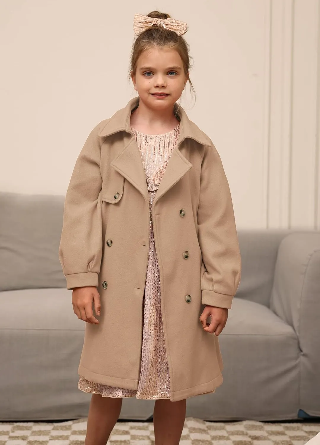 GRACE KARIN Girls Dress Coat Lapel Wool Blend Long Winter Jackets with Pockets Belt 6-14Y