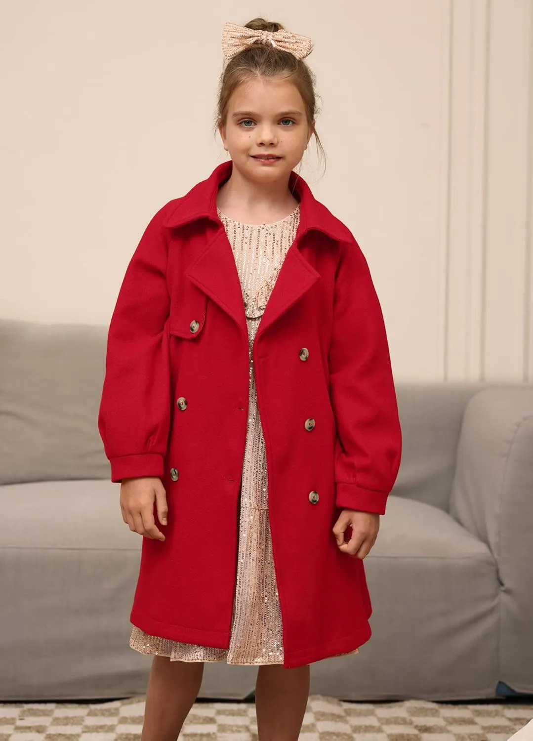 GRACE KARIN Girls Dress Coat Lapel Wool Blend Long Winter Jackets with Pockets Belt 6-14Y