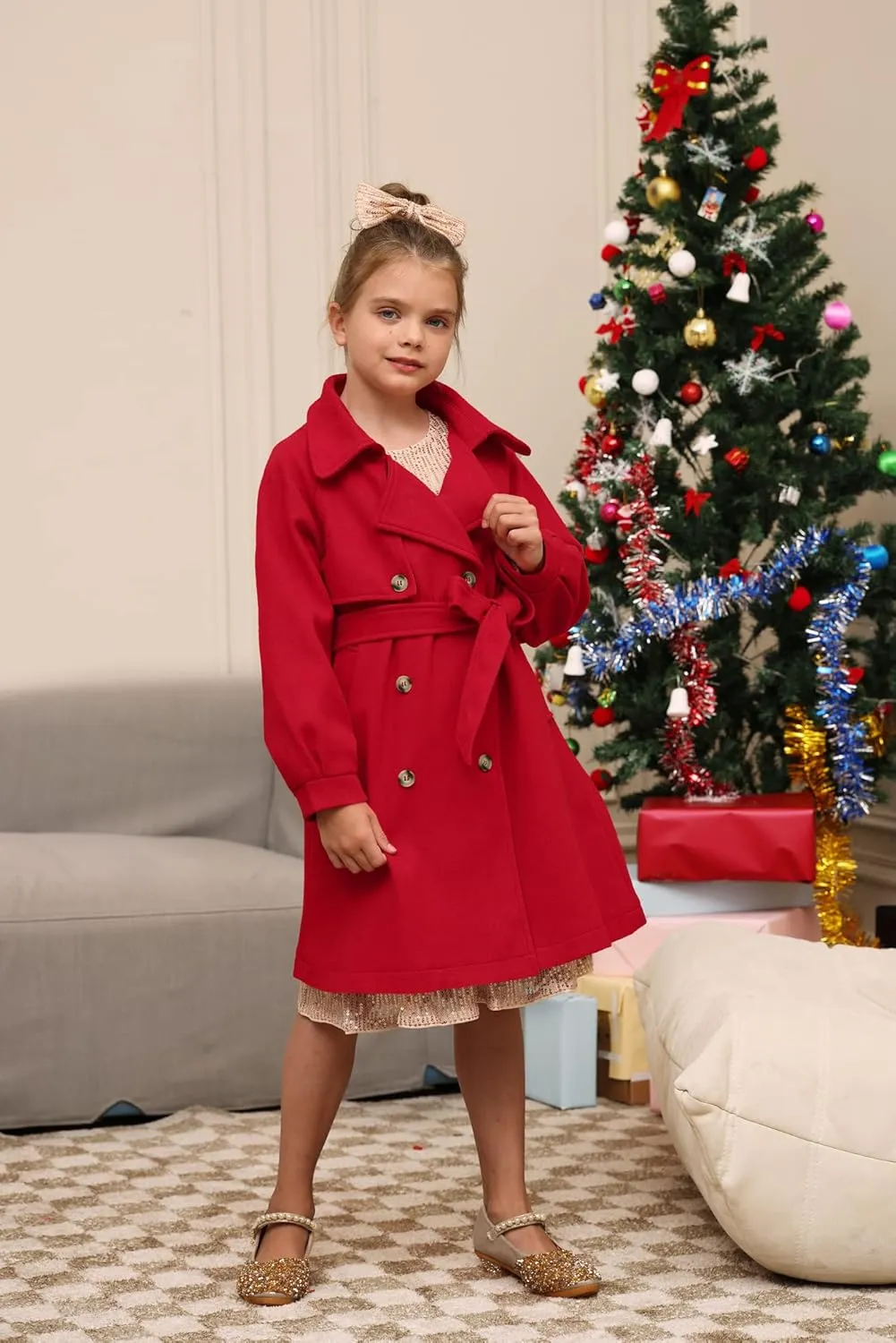 GRACE KARIN Girls Dress Coat Lapel Wool Blend Long Winter Jackets with Pockets Belt 6-14Y