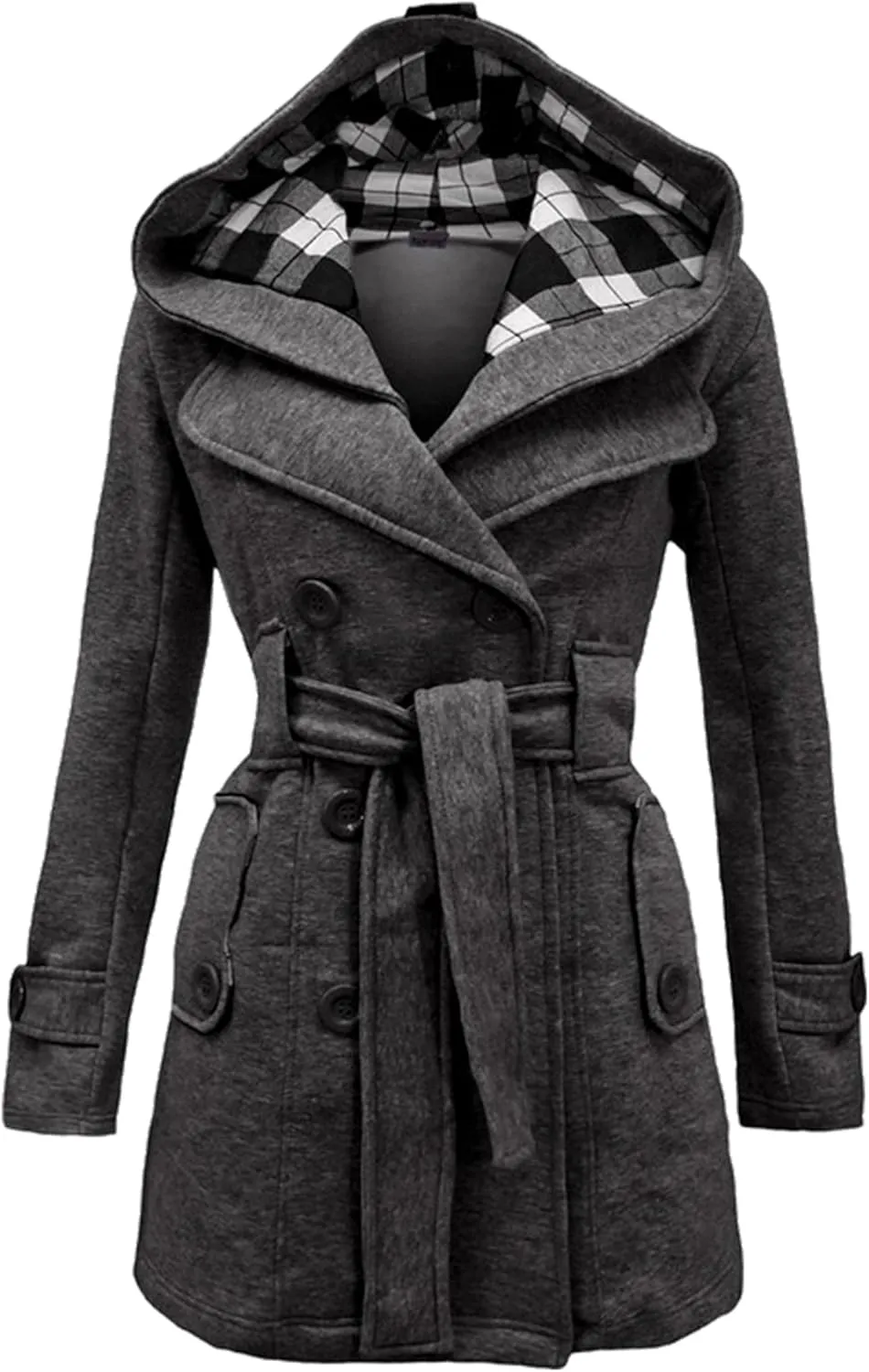 GRASWE Womens Double Breasted Casual Jacket Spring Fall Commuting Coat Loose Belted Mid Length Hood Pea Coat