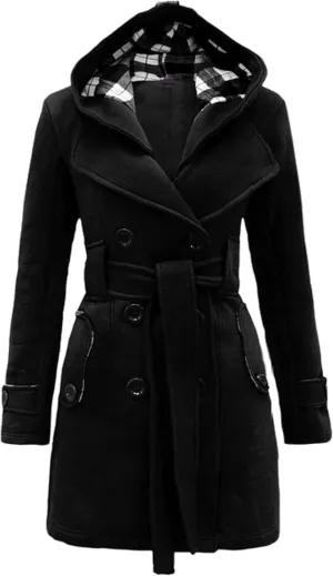 GRASWE Womens Double Breasted Casual Jacket Spring Fall Commuting Coat Loose Belted Mid Length Hood Pea Coat