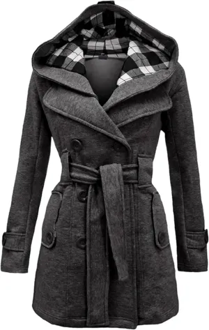 GRASWE Womens Double Breasted Casual Jacket Spring Fall Commuting Coat Loose Belted Mid Length Hood Pea Coat
